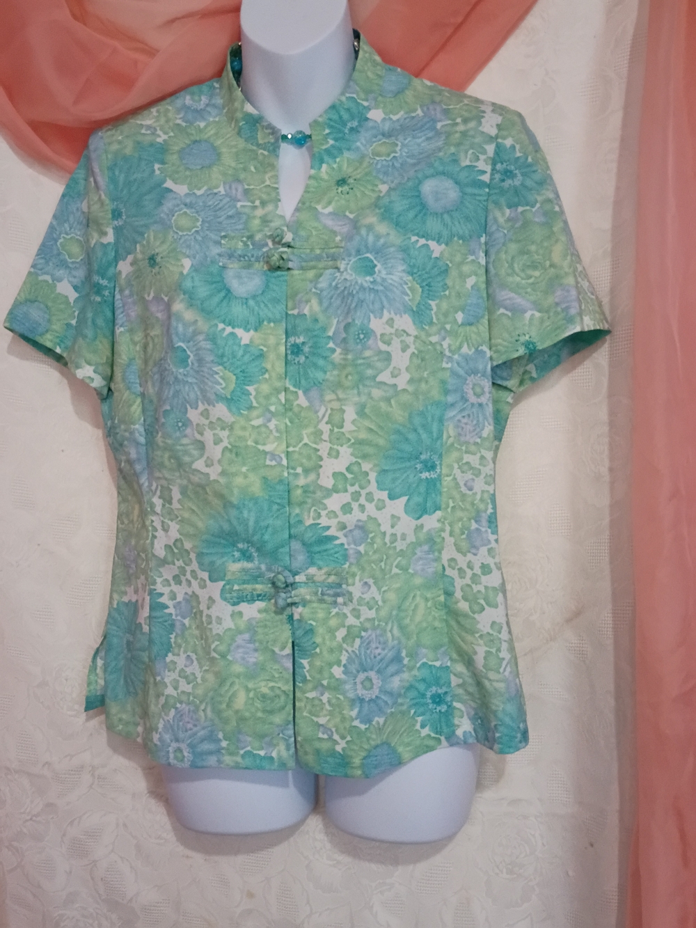 Outaiqi Ladies Aqua-Green Floral Mandarin Collar Button-Down Top Sz M